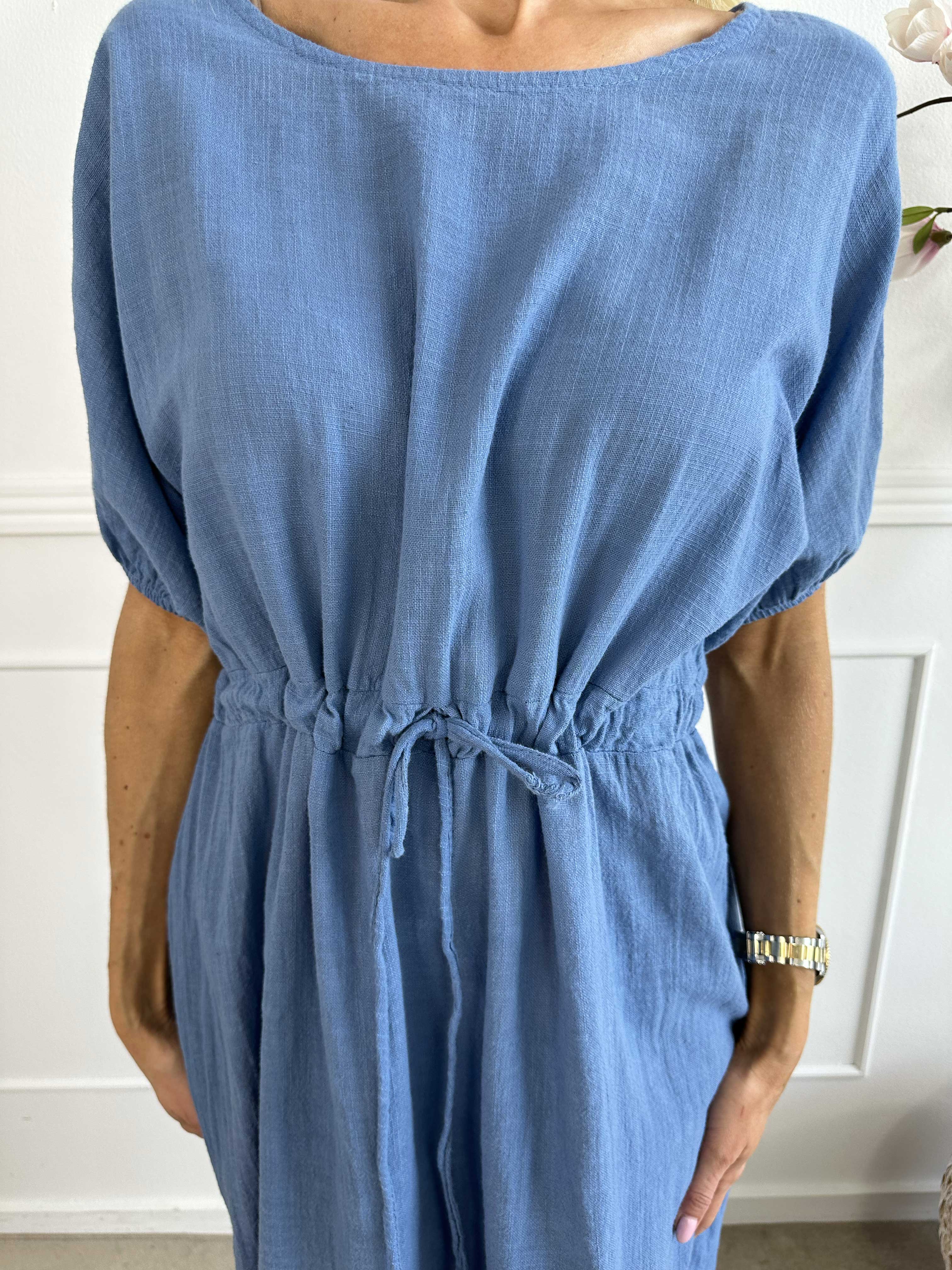 Agnete - Lang kjole i bomuld med bindebånd